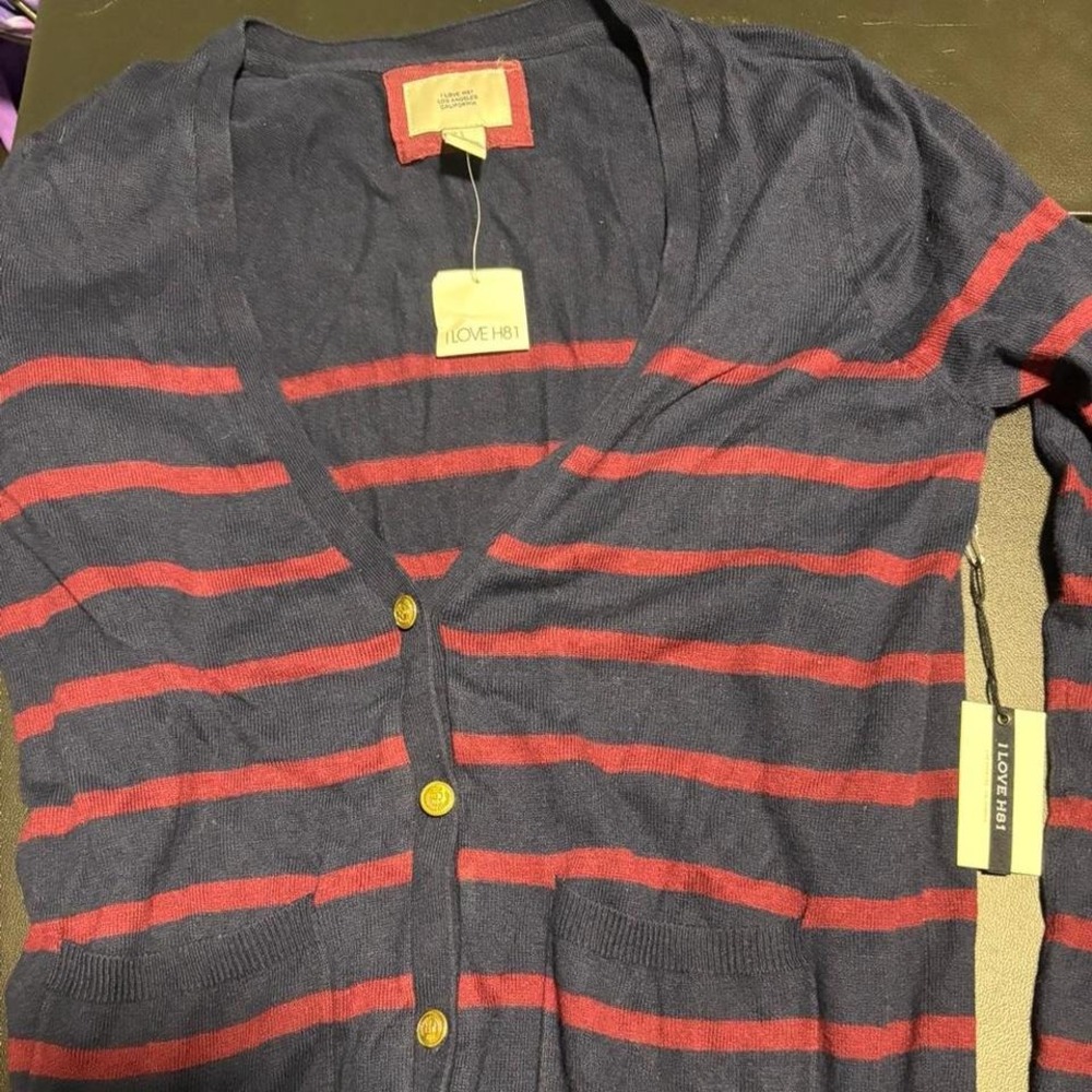 Grey and red striped cardigan